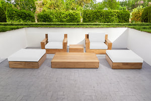6 pc Pacific Teak Club Chair Chat Group with Coffee and End Table. Sunbrella Cushion.