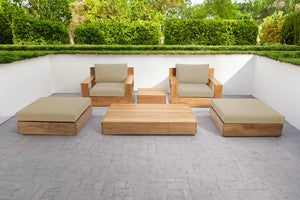 6 pc Pacific Teak Club Chair Chat Group with Coffee and End Table. Sunbrella Cushion.