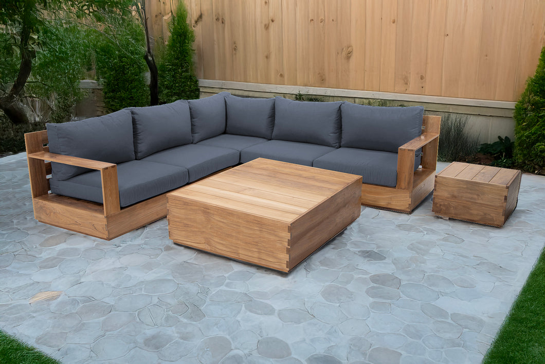 7 pc Pacific Teak Sectional with Square Coffee Table. Sunbrella Cushion.