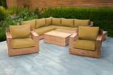9 pc Pacific Teak Sectional Seating Group with Square Coffee Table. Sunbrella Cushion.