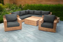 9 pc Pacific Teak Sectional Seating Group with Square Coffee Table. Sunbrella Cushion.