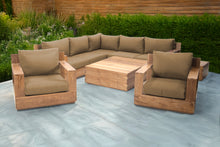 9 pc Pacific Teak Sectional Seating Group with Square Coffee Table. Sunbrella Cushion.