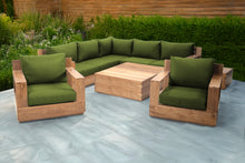 9 pc Pacific Teak Sectional Seating Group with Square Coffee Table. Sunbrella Cushion.