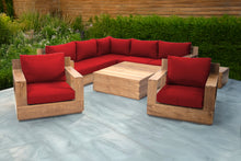 9 pc Pacific Teak Sectional Seating Group with Square Coffee Table. Sunbrella Cushion.