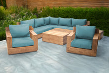 9 pc Pacific Teak Sectional Seating Group with Square Coffee Table. Sunbrella Cushion.