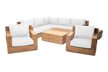 9 pc Pacific Teak Sectional Seating Group with Square Coffee Table. Sunbrella Cushion.
