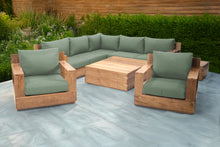 9 pc Pacific Teak Sectional Seating Group with Square Coffee Table. Sunbrella Cushion.