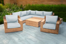 9 pc Pacific Teak Sectional Seating Group with Square Coffee Table. Sunbrella Cushion.