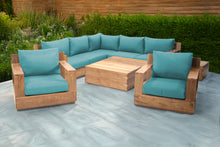 9 pc Pacific Teak Sectional Seating Group with Square Coffee Table. Sunbrella Cushion.