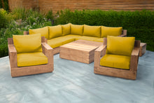 9 pc Pacific Teak Sectional Seating Group with Square Coffee Table. Sunbrella Cushion.