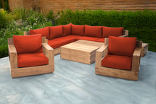 9 pc Pacific Teak Sectional Seating Group with Square Coffee Table. Sunbrella Cushion.