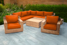 9 pc Pacific Teak Sectional Seating Group with Square Coffee Table. Sunbrella Cushion.