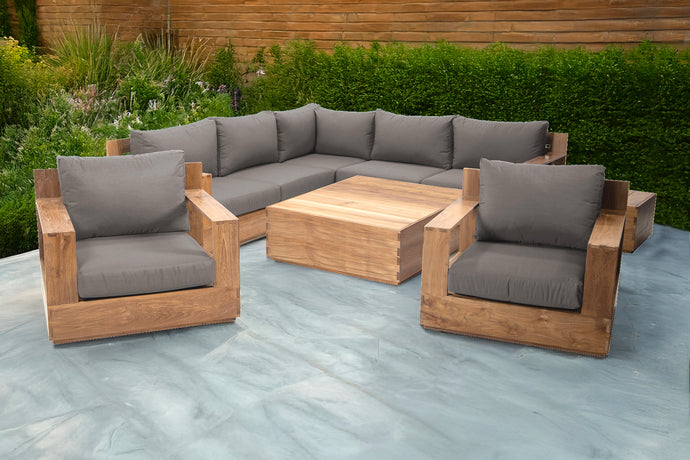 9 pc Pacific Teak Sectional Seating Group with Square Coffee Table. Sunbrella Cushion.