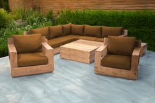 9 pc Pacific Teak Sectional Seating Group with Square Coffee Table. Sunbrella Cushion.