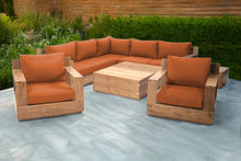 9 pc Pacific Teak Sectional Seating Group with Square Coffee Table. Sunbrella Cushion.