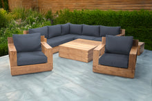 9 pc Pacific Teak Sectional Seating Group with Square Coffee Table. Sunbrella Cushion.