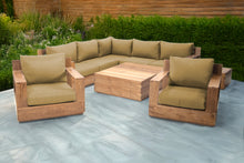 9 pc Pacific Teak Sectional Seating Group with Square Coffee Table. Sunbrella Cushion.