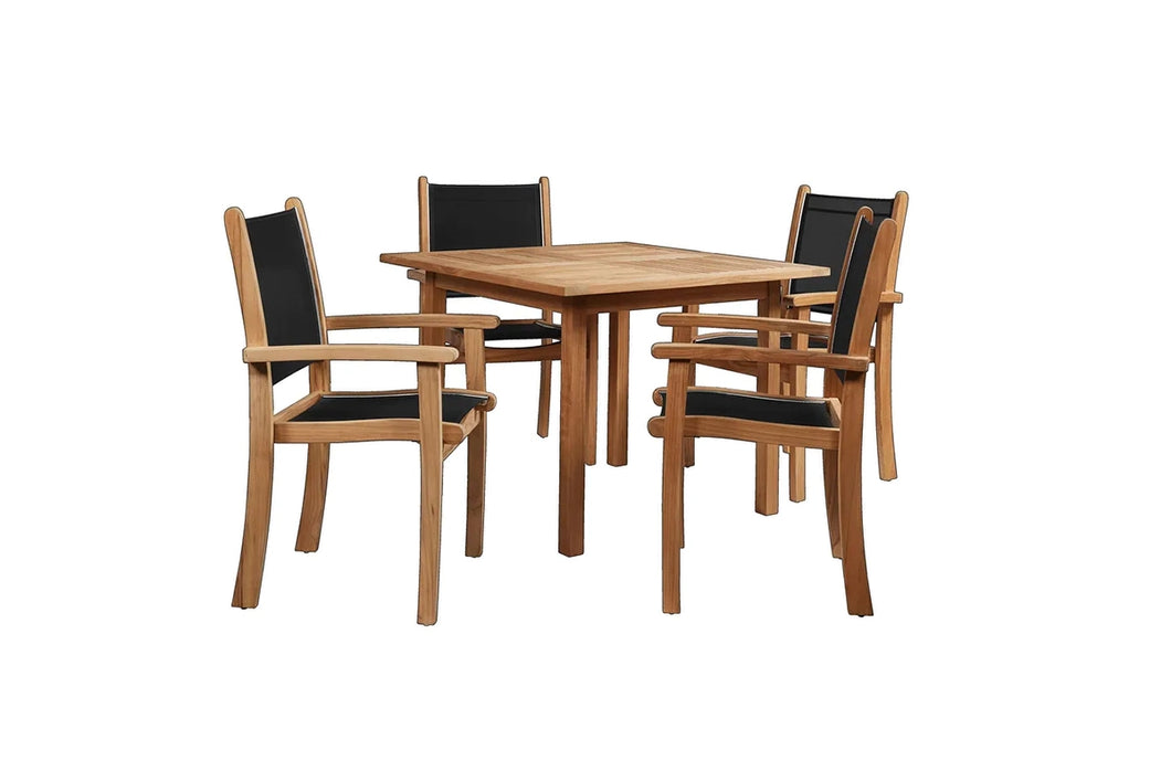 Curated Maison Perrin 5-Piece Square Teak Table Outdoor Dining Set w/ Stacking Armchairs