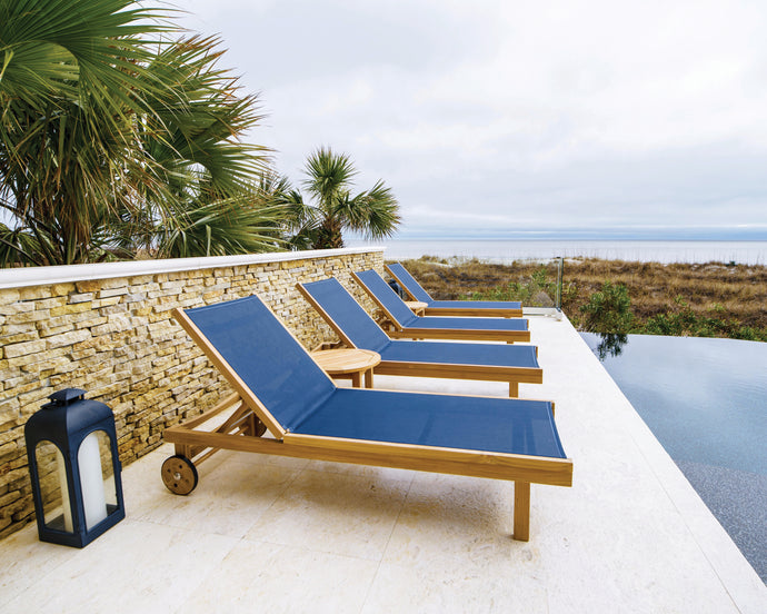 Set of 2 Teak and Sling Outdoor Chaise Lounge with Wheels