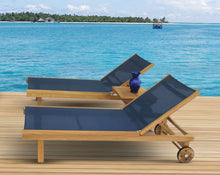 Set of 2 Teak and Sling Outdoor Chaise Lounge with Wheels