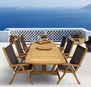 Royal Teak 7-Piece Florida Teak and Sling Dining Set with 64/80/96" Gala Expansion Double Leaf Table