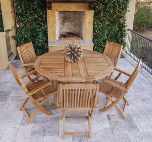 7 pc Sailor Teak Dining Set with 60" Round Drop Leaf Table