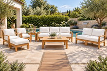 7 pc Huntington Teak Deep Seating Sofa Set with 36" Chat Table. Sunbrella Cushion.