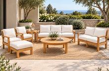 7 pc Huntington Teak Deep Seating Sofa Set with 52" Chat Table. Sunbrella Cushion.