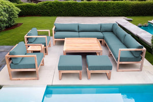 11 pc Venice Teak Outdoor Sectional Set with Square Coffee Table. Sunbrella Cushions