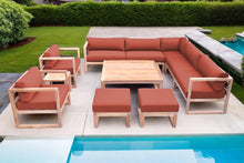 11 pc Venice Teak Outdoor Sectional Set with Square Coffee Table. Sunbrella Cushions