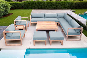 11 pc Venice Teak Outdoor Sectional Set with Square Coffee Table. Sunbrella Cushions