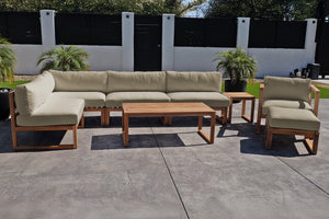 8 pc Venice Teak Outdoor Sectional Set with Coffee Table. Sunbrella Cushions