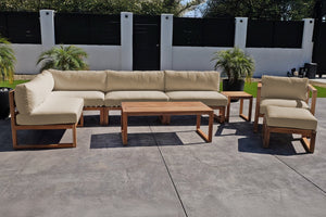 8 pc Venice Teak Outdoor Sectional Set with Coffee Table. Sunbrella Cushions