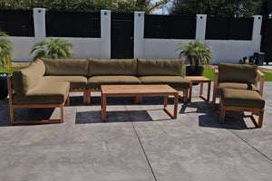 8 pc Venice Teak Outdoor Sectional Set with Coffee Table. Sunbrella Cushions