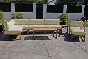 8 pc Venice Teak Outdoor Sectional Set with Coffee Table. Sunbrella Cushions