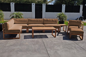 8 pc Venice Teak Outdoor Sectional Set with Coffee Table. Sunbrella Cushions