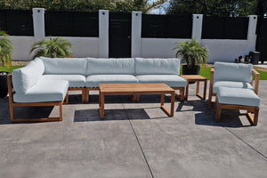 8 pc Venice Teak Outdoor Sectional Set with Coffee Table. Sunbrella Cushions