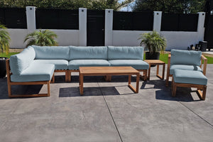 8 pc Venice Teak Outdoor Sectional Set with Coffee Table. Sunbrella Cushions