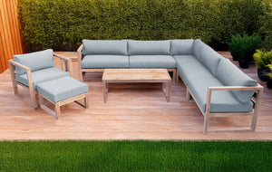 9 pc Venice Teak Outdoor Sectional Set with Coffee Table. Sunbrella Cushions