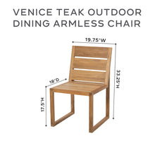Set of 2 Venice Teak Outdoor Dining Armless Chair. Sunbrella Cushion.
