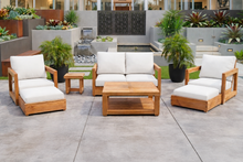 7 pc Chatsworth Teak Outdoor Loveseat Seating Set with Coffee Table. Sunbrella Cushion