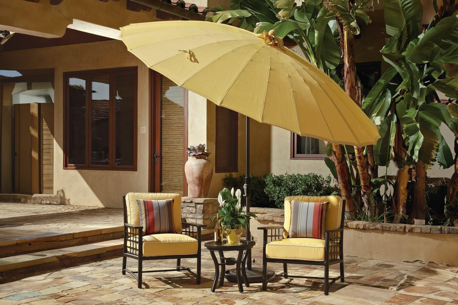 garden treasures brown patio umbrella base Treasure Garden 10' Shanghai Collar Tilt Aluminum Round Market Umbrell – Willow Creek Designs