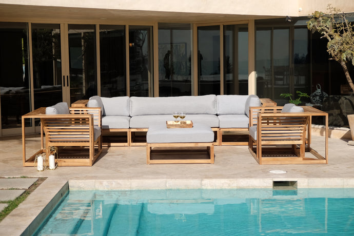 5pc Laguna Teak Deluxe Sofa Deep Seating Group with Ottoman. Sunbrella Cushion