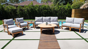 7 pc Huntington Teak Deep Seating Sofa Set with 48" Chat Table. Sunbrella Cushion.