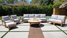 7 pc Huntington Teak Deep Seating Deluxe Sofa Set with 52" Chat Table. Sunbrella Cushion.