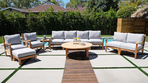 7 pc Huntington Teak Deep Seating Deluxe Sofa Set with 48" Chat Table. Sunbrella Cushion.