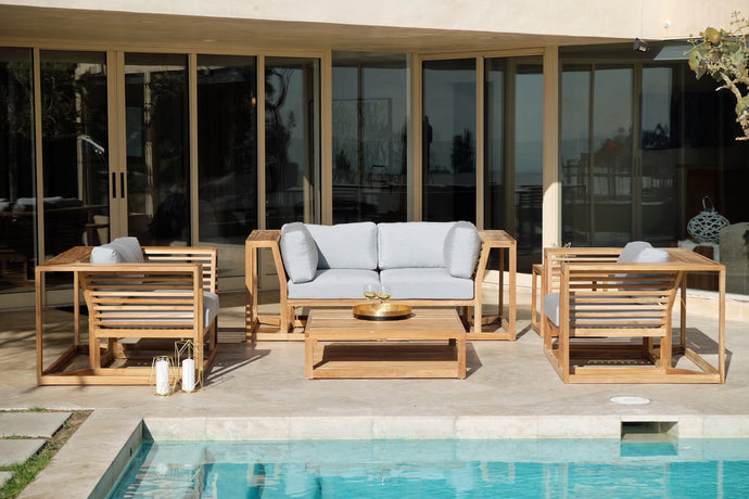 5pc Laguna Teak Loveseat Deep Seating Group with Coffee Table. Sunbrella Cushion