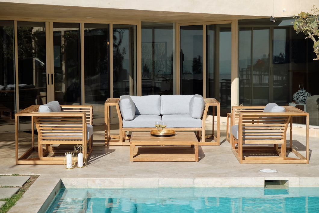 5pc Laguna Teak Loveseat Deep Seating Group with Coffee Table. Sunbrella Cushion