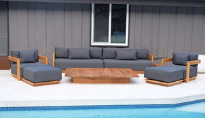 8 pc Hermosa Teak Deep Seating Deluxe Sofa with 72" Coffee Table. Sunbrella Cushion