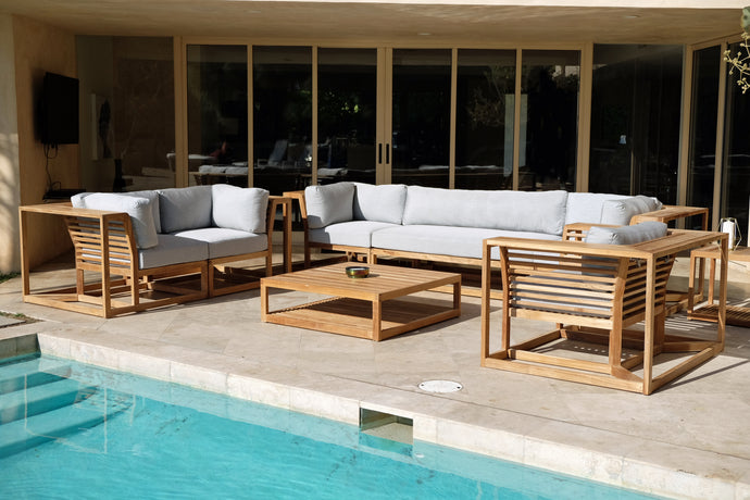 5pc Laguna Teak Deluxe Sofa Deep Seating Group Loveseat with Coffee Table. Sunbrella Cushion